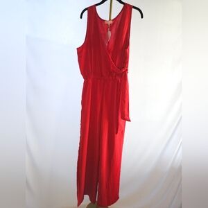Chica Luv Red Sleeveless V-Neck Faux-Wrap Wide-Leg Jumpsuit